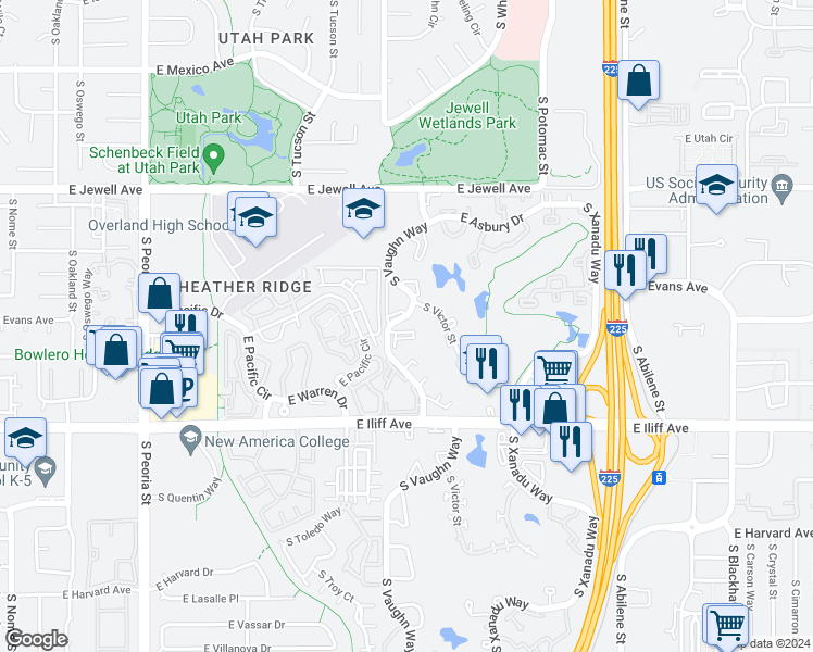 map of restaurants, bars, coffee shops, grocery stores, and more near 2130 South Vaughn Way in Aurora