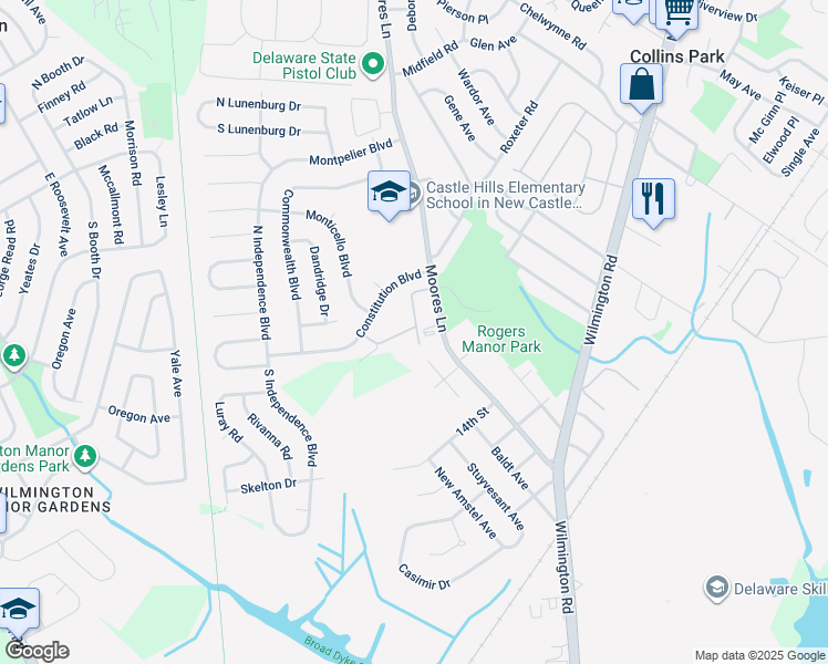 map of restaurants, bars, coffee shops, grocery stores, and more near 1001 Surry Court in New Castle