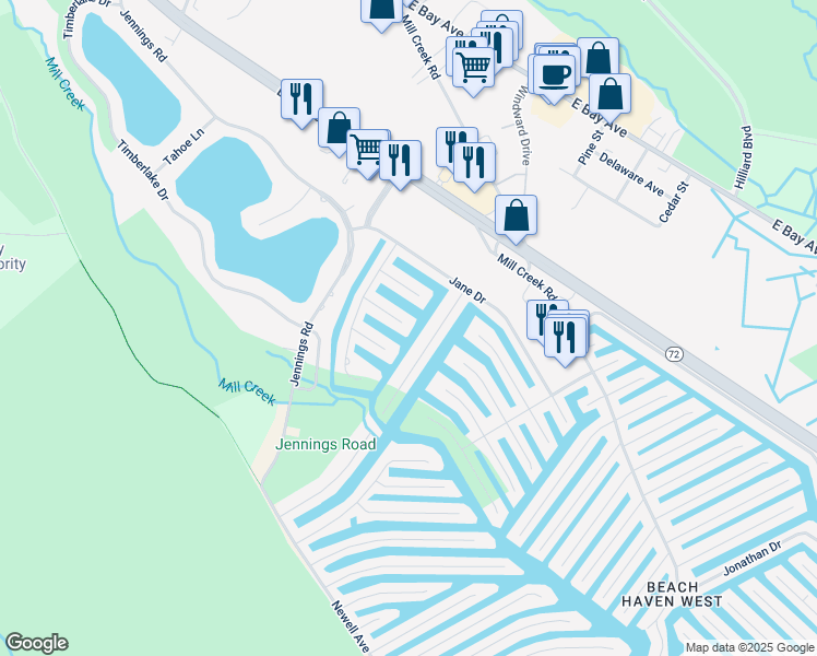map of restaurants, bars, coffee shops, grocery stores, and more near 124 Lee Drive in Stafford Township
