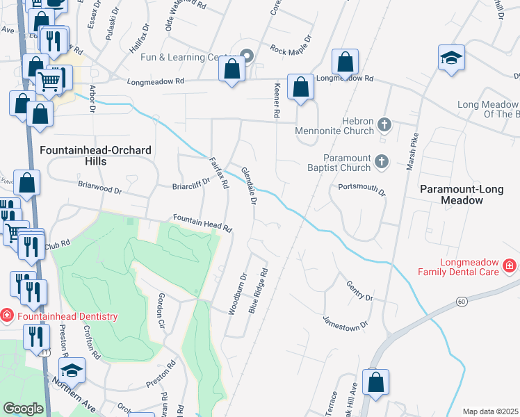 map of restaurants, bars, coffee shops, grocery stores, and more near 13221 Glendale Drive in Hagerstown