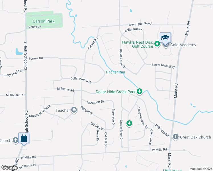 map of restaurants, bars, coffee shops, grocery stores, and more near 5926 Milhouse Court in Indianapolis