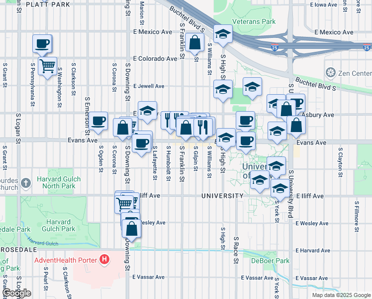 map of restaurants, bars, coffee shops, grocery stores, and more near 2112 South Franklin Street in Denver