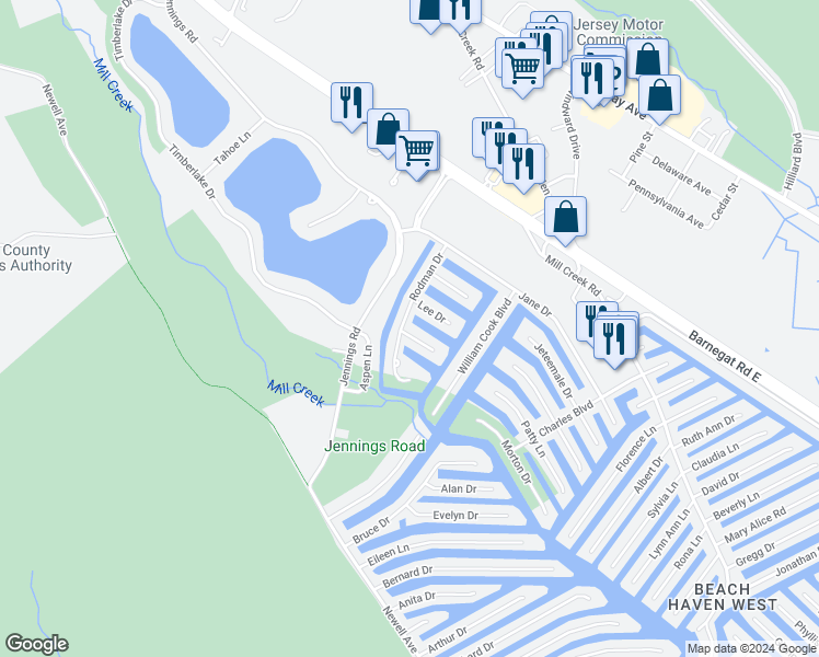 map of restaurants, bars, coffee shops, grocery stores, and more near 101 Gilbert Drive in Stafford Township
