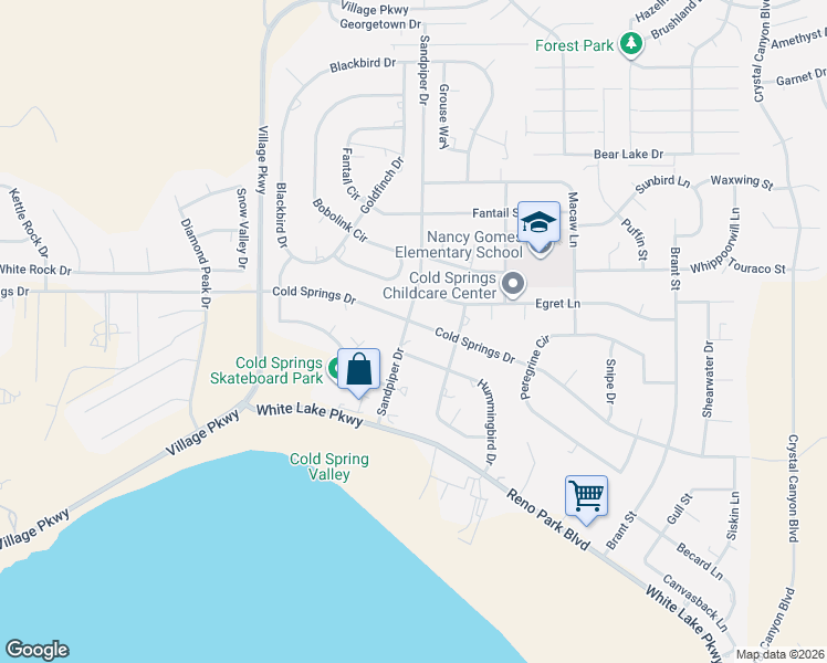 map of restaurants, bars, coffee shops, grocery stores, and more near 17680 Cold Springs Drive in Reno
