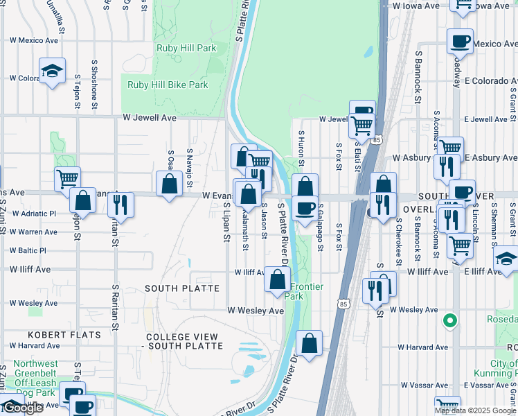 map of restaurants, bars, coffee shops, grocery stores, and more near 2111 South Jason Street in Denver
