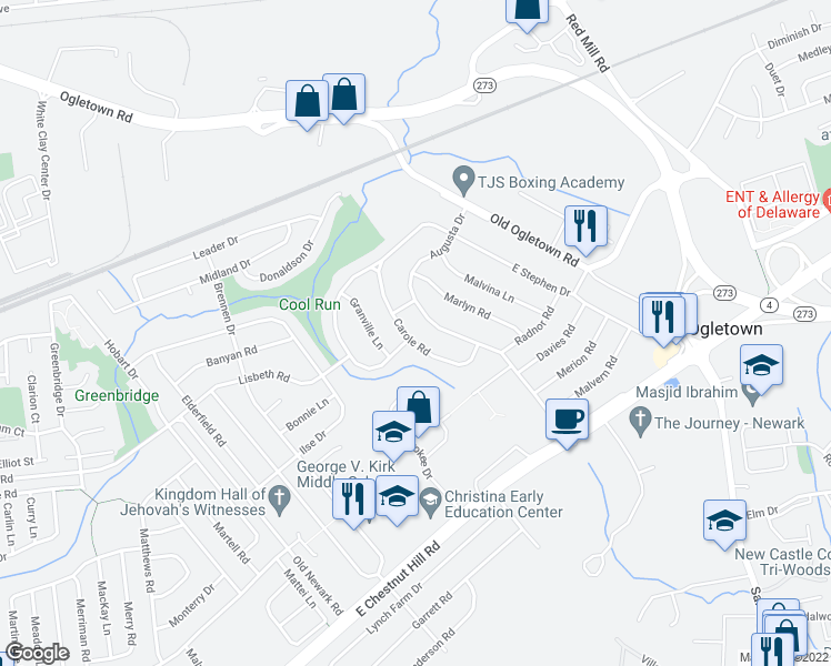 map of restaurants, bars, coffee shops, grocery stores, and more near 20 Carole Road in Newark