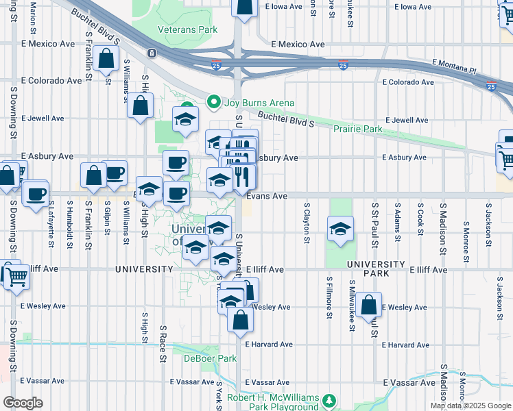 map of restaurants, bars, coffee shops, grocery stores, and more near 2121 South Josephine Street in Denver
