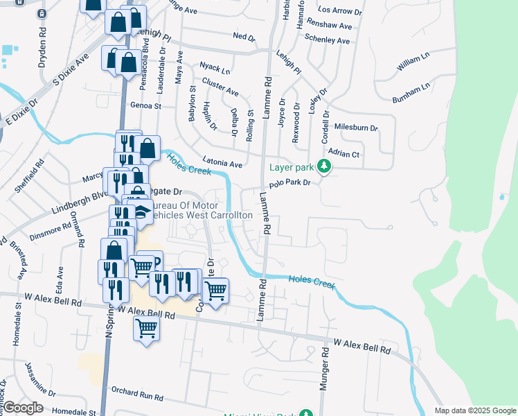 map of restaurants, bars, coffee shops, grocery stores, and more near 5139 Lamme Road in Dayton