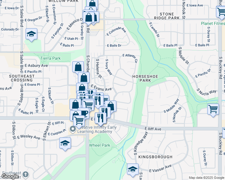 map of restaurants, bars, coffee shops, grocery stores, and more near 2117 South Ivory Street in Aurora