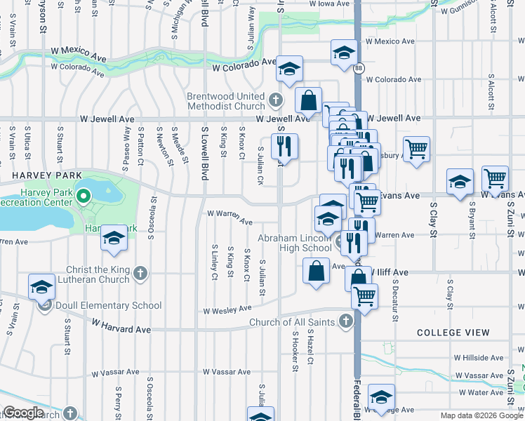 map of restaurants, bars, coffee shops, grocery stores, and more near 3420 West Evans Avenue in Denver