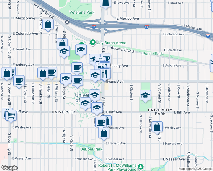 map of restaurants, bars, coffee shops, grocery stores, and more near in Denver