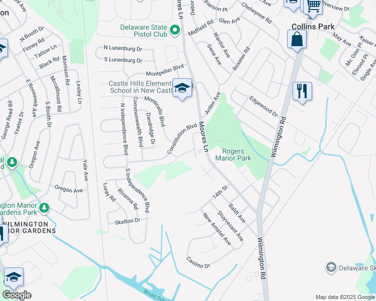 map of restaurants, bars, coffee shops, grocery stores, and more near 1001 Surry Court in New Castle