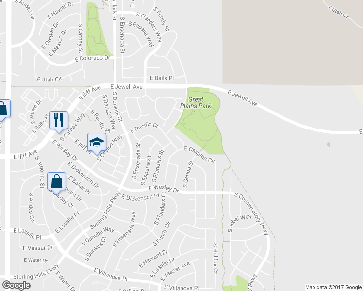 map of restaurants, bars, coffee shops, grocery stores, and more near 19717 East Caspian Circle in Aurora