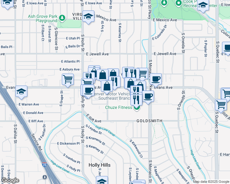 map of restaurants, bars, coffee shops, grocery stores, and more near 6000 East Evans Avenue in Denver