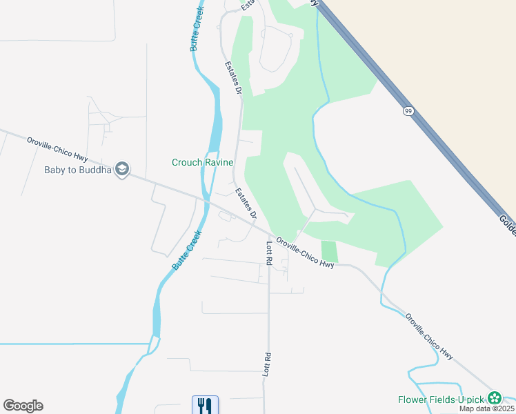map of restaurants, bars, coffee shops, grocery stores, and more near 251 Estates Drive in Chico