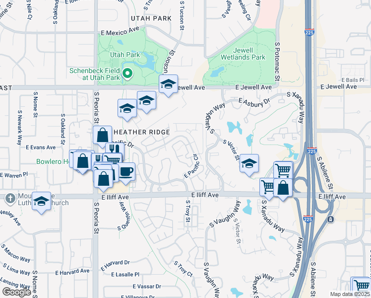map of restaurants, bars, coffee shops, grocery stores, and more near 2131 South Troy Way in Aurora