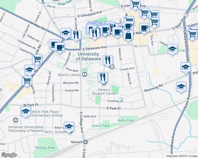 map of restaurants, bars, coffee shops, grocery stores, and more near in Newark