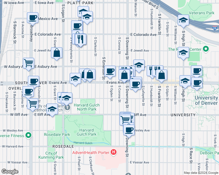 map of restaurants, bars, coffee shops, grocery stores, and more near 2125 South Ogden Street in Denver