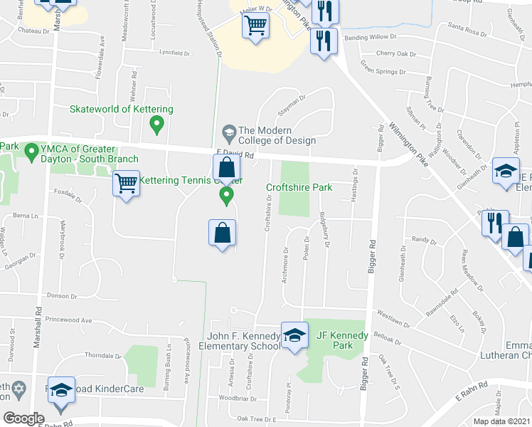 map of restaurants, bars, coffee shops, grocery stores, and more near 4579 Croftshire Drive in Dayton