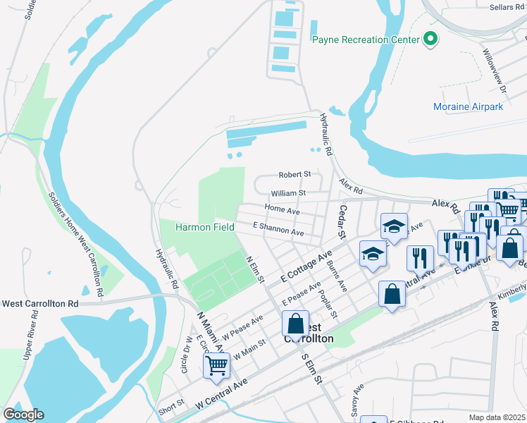 map of restaurants, bars, coffee shops, grocery stores, and more near 575 North Locust Street in Dayton