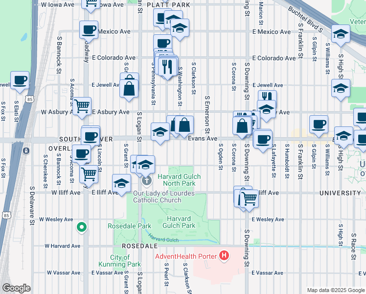 map of restaurants, bars, coffee shops, grocery stores, and more near 2126 South Washington Street in Denver