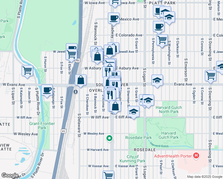 map of restaurants, bars, coffee shops, grocery stores, and more near in Denver
