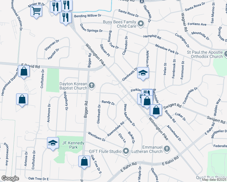 map of restaurants, bars, coffee shops, grocery stores, and more near 4516 Rean Meadow Drive in Dayton