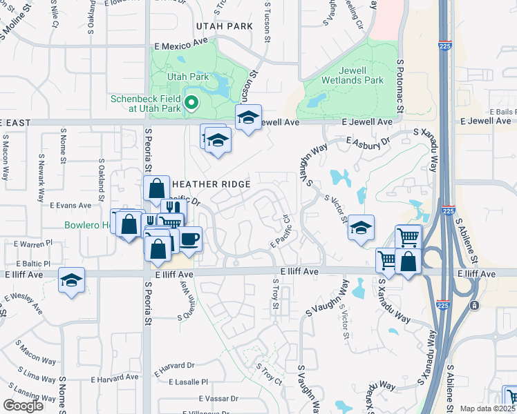 map of restaurants, bars, coffee shops, grocery stores, and more near 12594 East Pacific Circle in Aurora