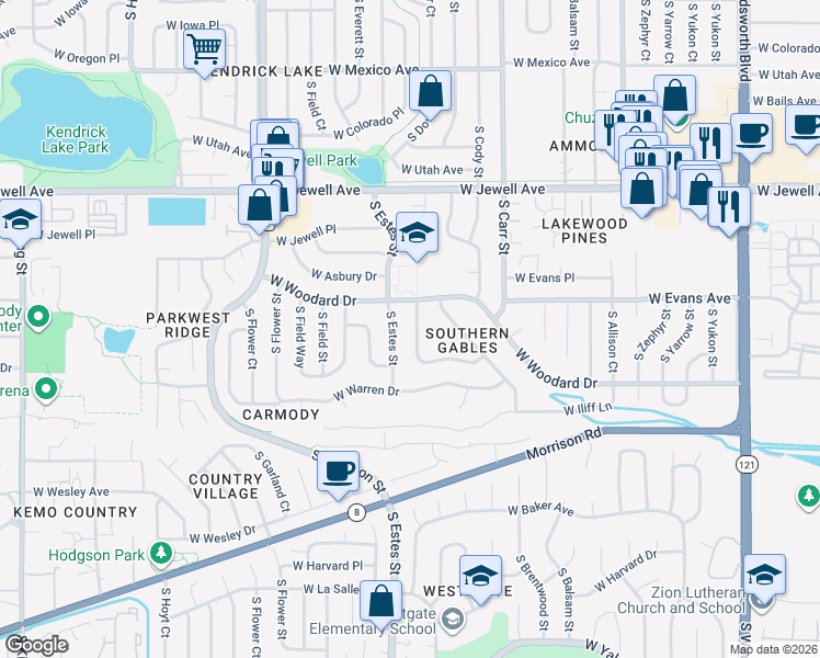 map of restaurants, bars, coffee shops, grocery stores, and more near 2173 South Dudley Street in Lakewood