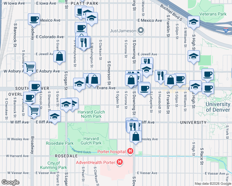 map of restaurants, bars, coffee shops, grocery stores, and more near 2125 South Ogden Street in Denver