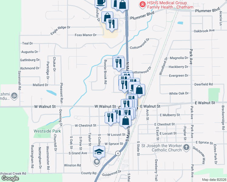 map of restaurants, bars, coffee shops, grocery stores, and more near 101 West Ash Street in Chatham