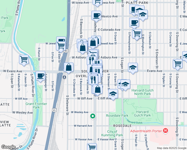 map of restaurants, bars, coffee shops, grocery stores, and more near 2121 South Broadway in Denver