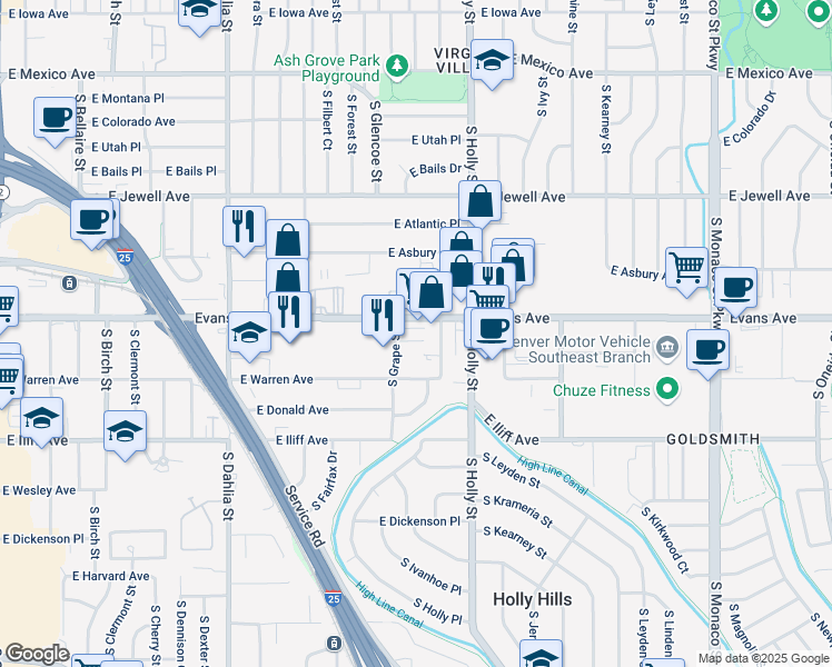 map of restaurants, bars, coffee shops, grocery stores, and more near in Denver