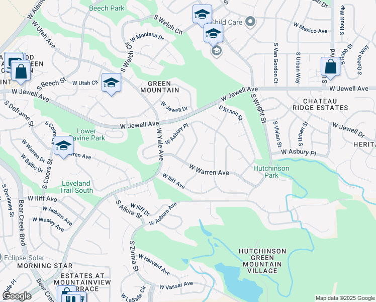 map of restaurants, bars, coffee shops, grocery stores, and more near 2153 South Yank Way in Lakewood