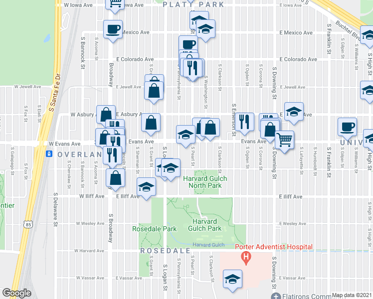 map of restaurants, bars, coffee shops, grocery stores, and more near 2135 South Pearl Street in Denver