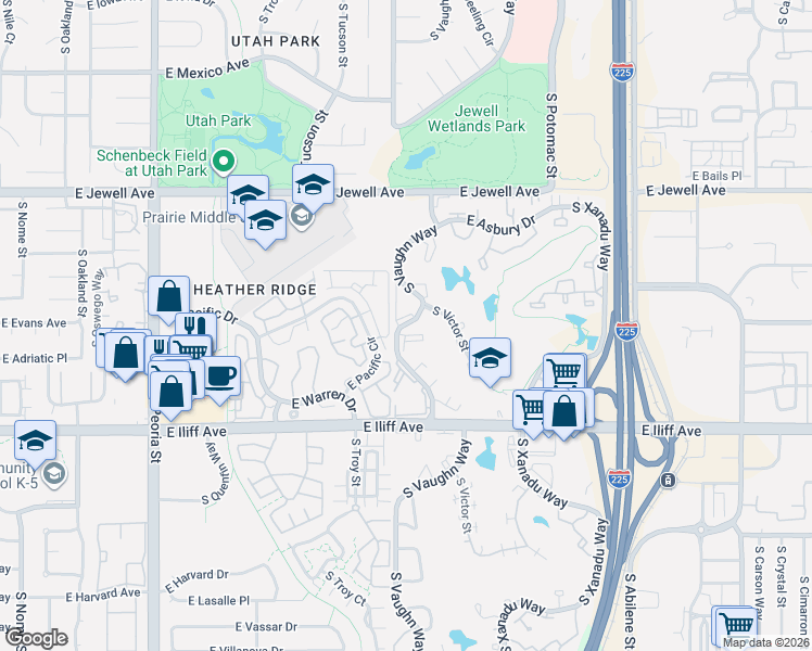 map of restaurants, bars, coffee shops, grocery stores, and more near 391 East Asbury Circle in Aurora