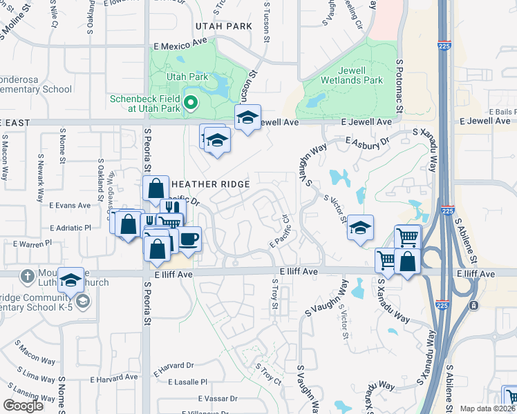 map of restaurants, bars, coffee shops, grocery stores, and more near 12594 East Pacific Circle in Aurora
