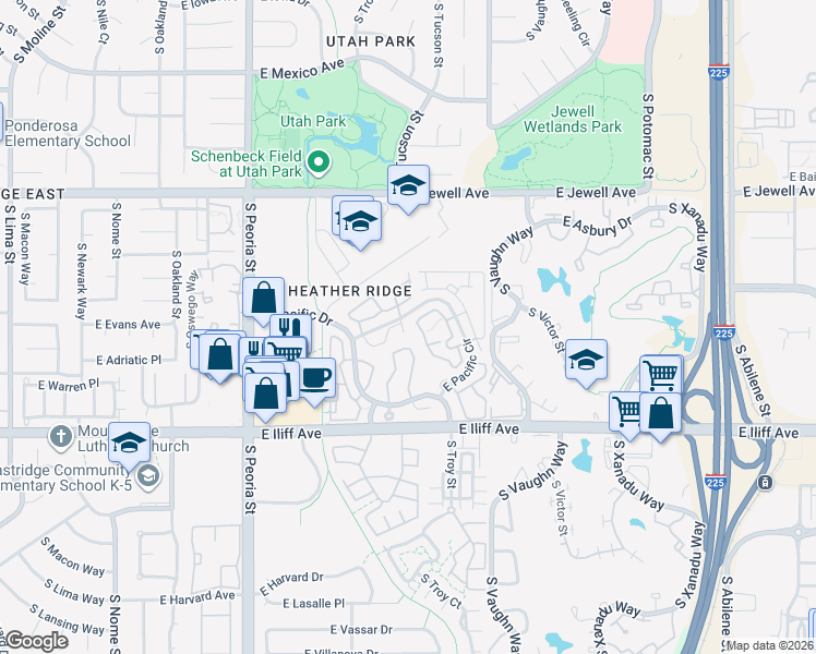 map of restaurants, bars, coffee shops, grocery stores, and more near 12594 East Pacific Circle in Aurora