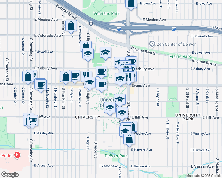 map of restaurants, bars, coffee shops, grocery stores, and more near 2150 East Evans Avenue in Denver