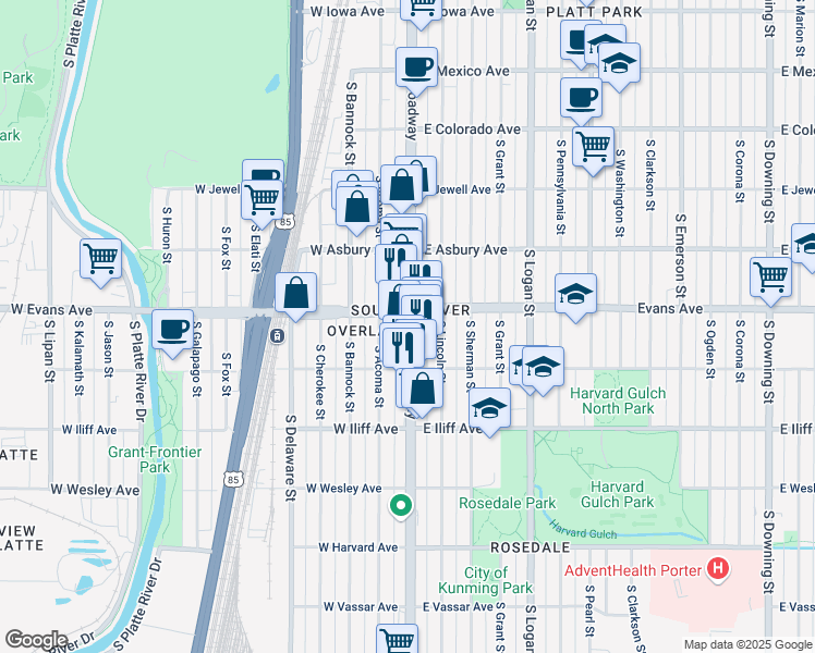 map of restaurants, bars, coffee shops, grocery stores, and more near in Denver