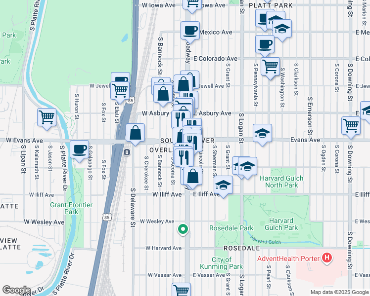 map of restaurants, bars, coffee shops, grocery stores, and more near in Denver