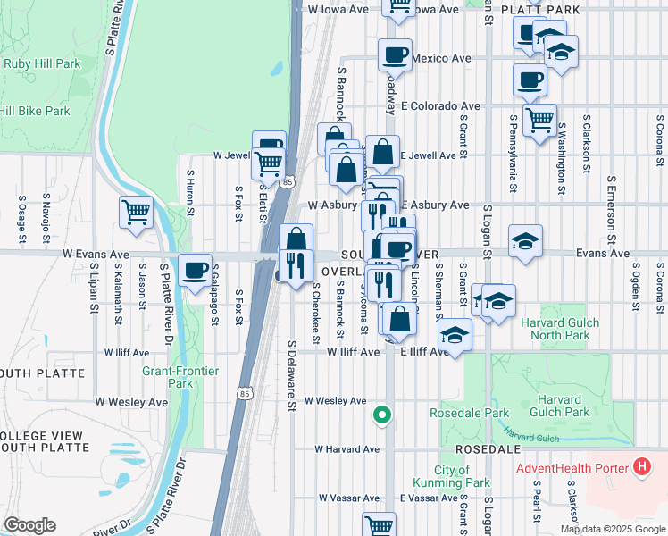 map of restaurants, bars, coffee shops, grocery stores, and more near 2130 South Cherokee Street in Denver