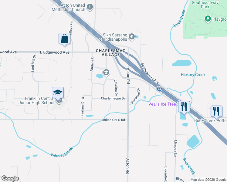 map of restaurants, bars, coffee shops, grocery stores, and more near 6241 Catalina Drive in Indianapolis