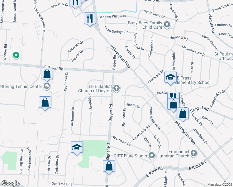 map of restaurants, bars, coffee shops, grocery stores, and more near 4600 Bigger Road in Dayton