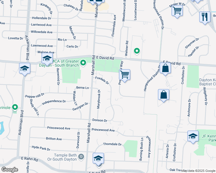 map of restaurants, bars, coffee shops, grocery stores, and more near 4763 Foxdale Drive in Kettering