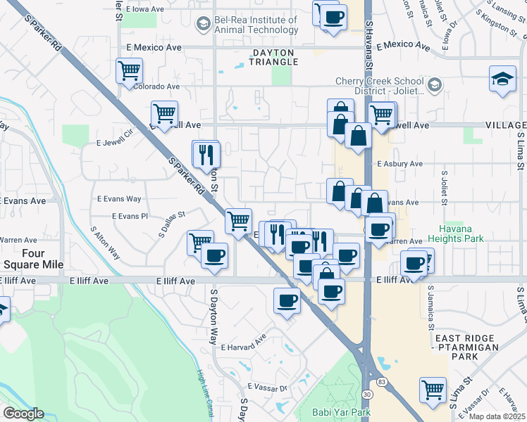 map of restaurants, bars, coffee shops, grocery stores, and more near 10042 East Evans Avenue in Denver