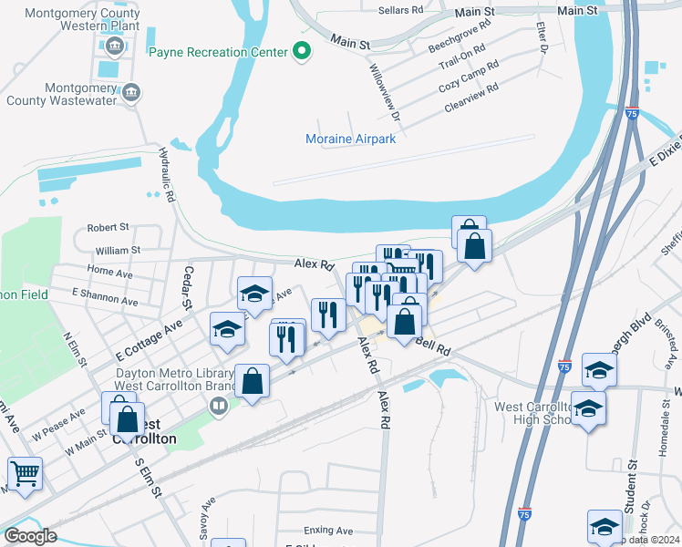 map of restaurants, bars, coffee shops, grocery stores, and more near 210 North Alex Road in Dayton