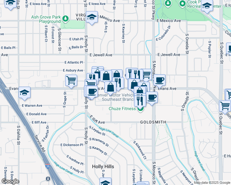 map of restaurants, bars, coffee shops, grocery stores, and more near 6000 E Evans Ave in Denver