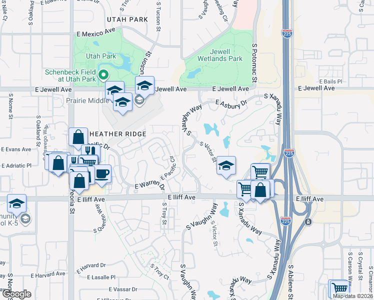 map of restaurants, bars, coffee shops, grocery stores, and more near 391 East Asbury Circle in Aurora