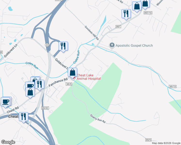 map of restaurants, bars, coffee shops, grocery stores, and more near 402 Twin Knobs Drive in Morgantown